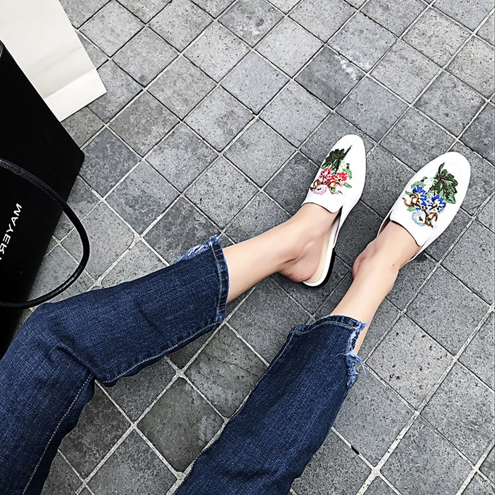 White Mandarin Duck Flower Metal Buckle Flats Mules Shoes-vocosishoes
