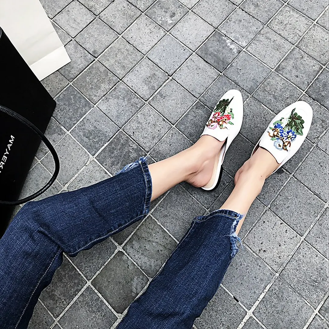 White Mandarin Duck Flower Metal Buckle Flats Mules Shoes-vocosishoes