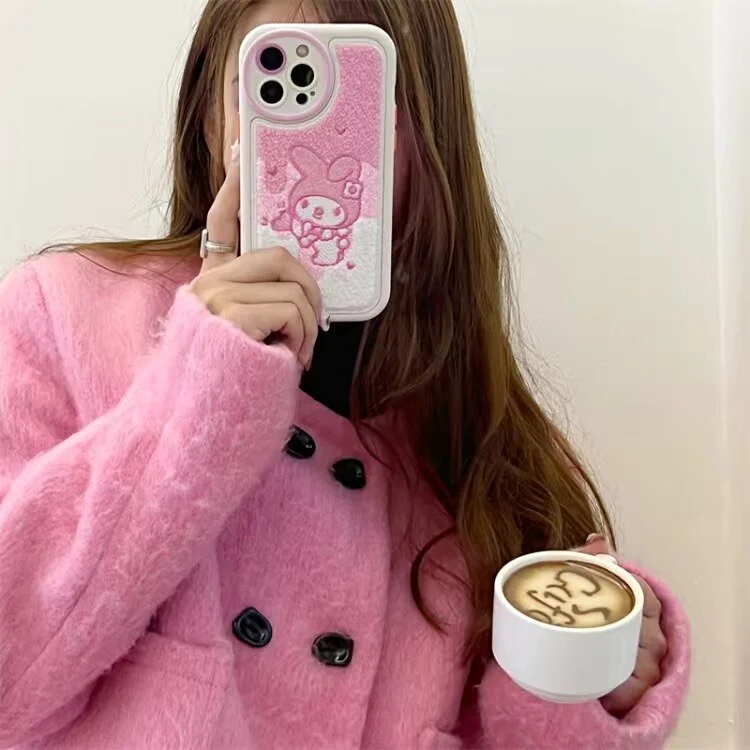 Cute Sanrio Hello Kitty Kuromi Cinnamoroll Plush Embroidery Phone Cases For iPhone 14 13 12 11 Pro Max Anti-drop Soft Back Cover