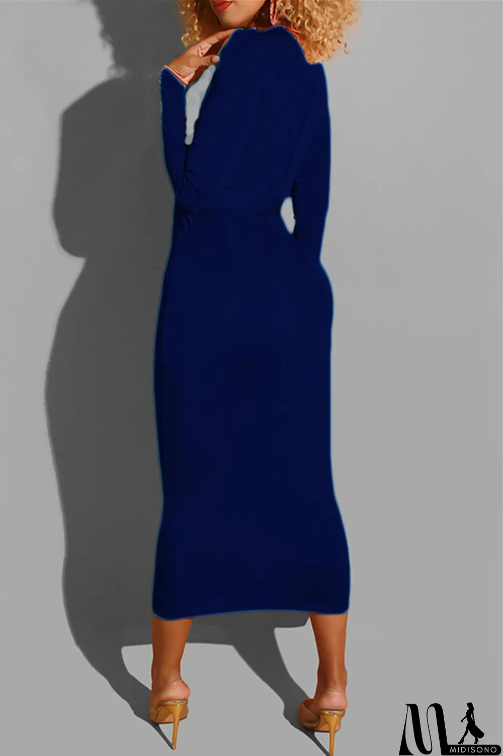 MidiSono - Deep Blue Fashion Casual Bandage O Neck Long Sleeve Dresses