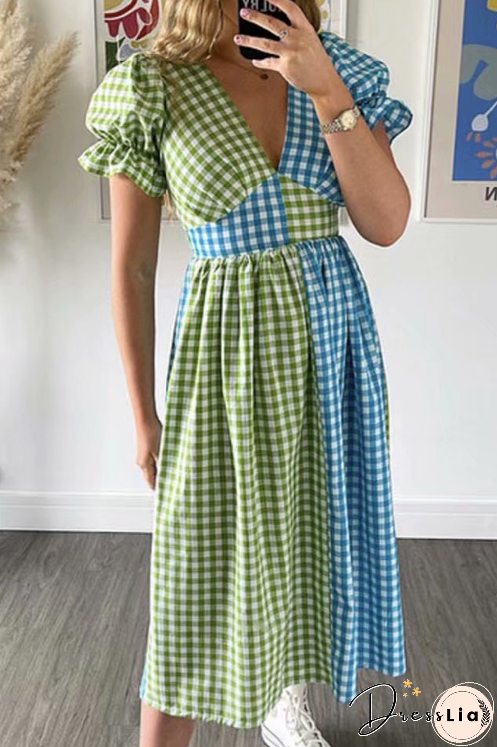 Fashion Celebrities Plaid Split Joint  Contrast V Neck A Line Dresses