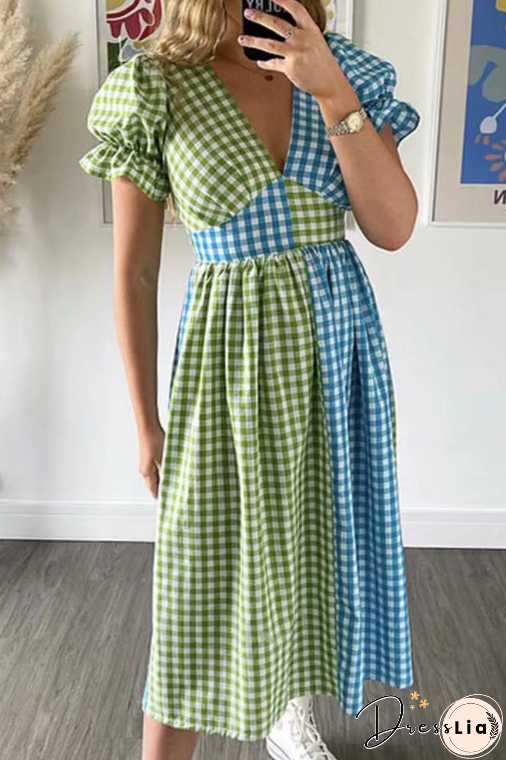 Fashion Celebrities Plaid Split Joint  Contrast V Neck A Line Dresses