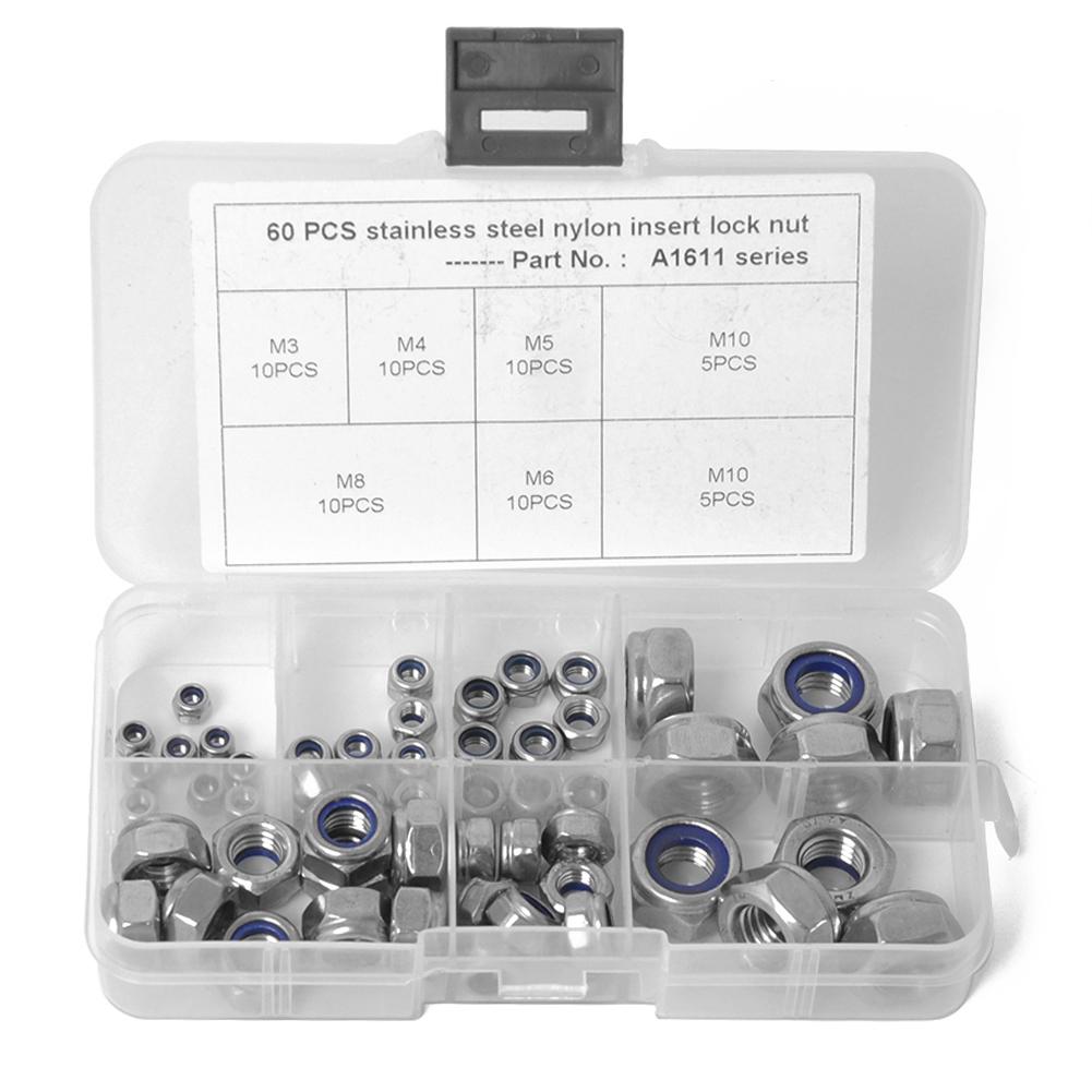 

60pcs 304 Stainless Steel Hexagon Lock Nuts Nylon Insert Self Locking Nuts, 501 Original