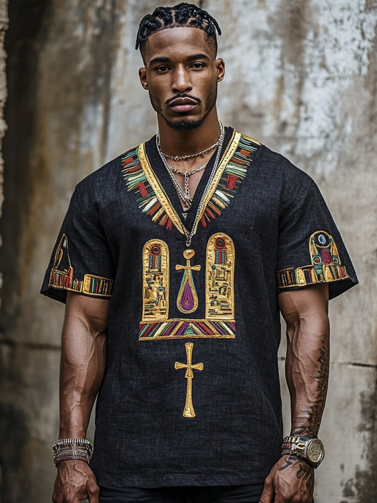 Vintage Egyptian Elements Embroidered Men's Linen V-neck T-shirt