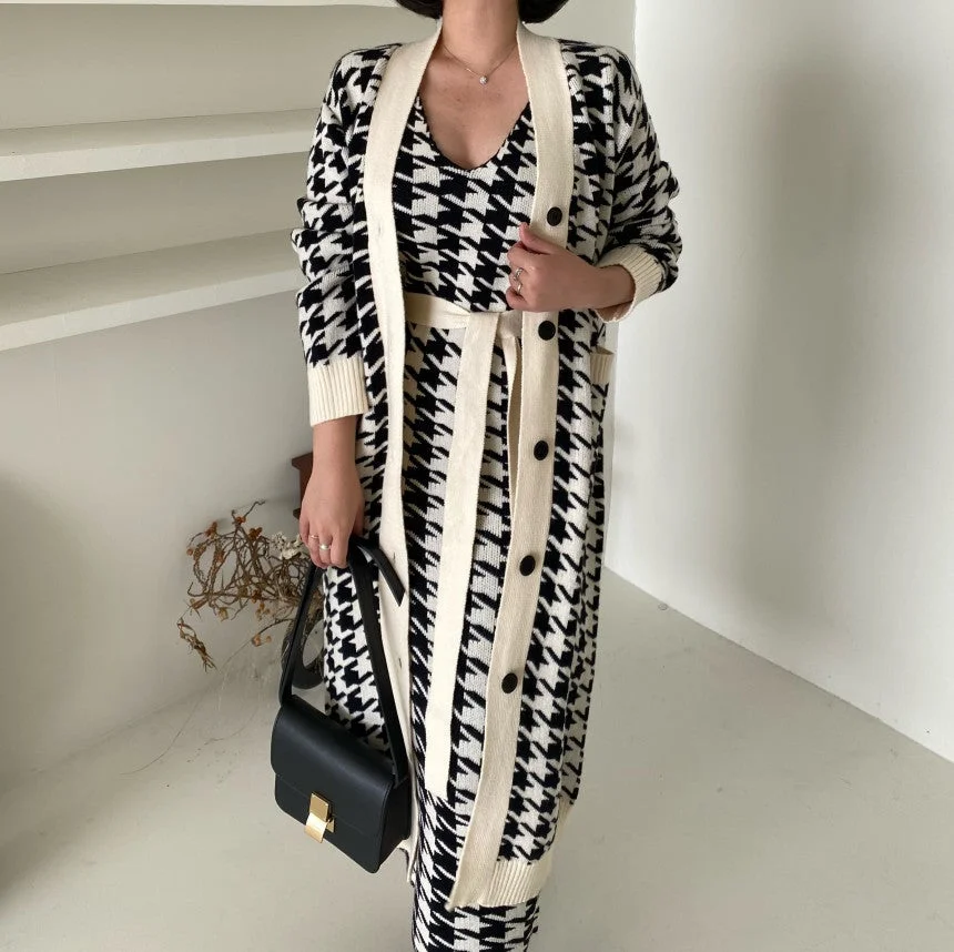Tied Detail V-Neck Houndstooth Print Work Dress