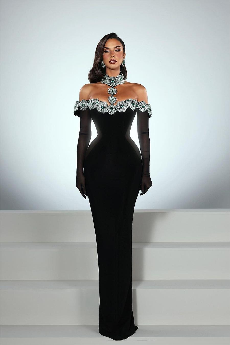 Charming Satin Black Long Sleeves Off the Shoulder Prom Dress with Beadings | MS0058 