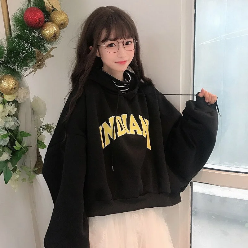 Loose Hoodies Women INDIANA Letter Printed Oversize Crop Tops Ladies Black White Pullovers Female Leisure Trendy Sweatshirt