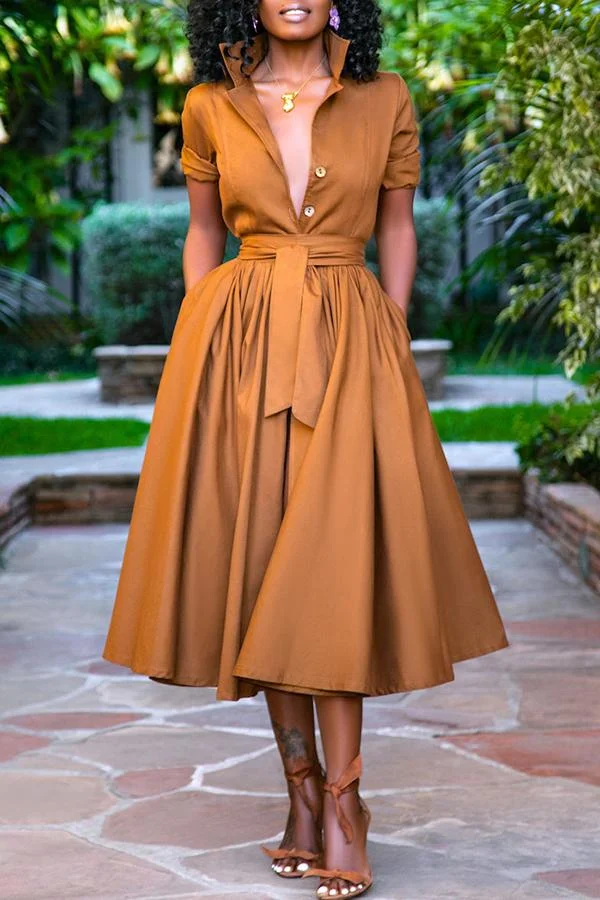 Solid Shirt Collar Button Tie Waist Midi Dress