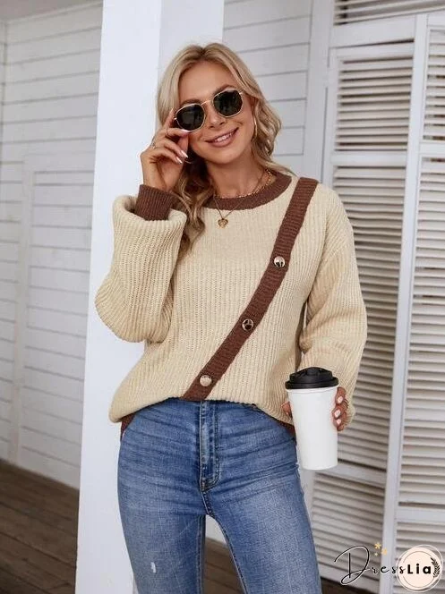Decorative Button Round Neck Sweater