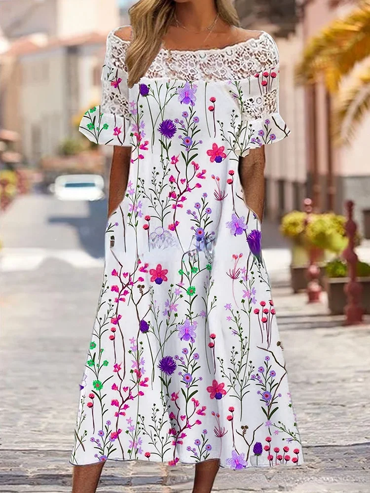 Women's One Line Neck Lace Sleeve Short Sleeve Dress
