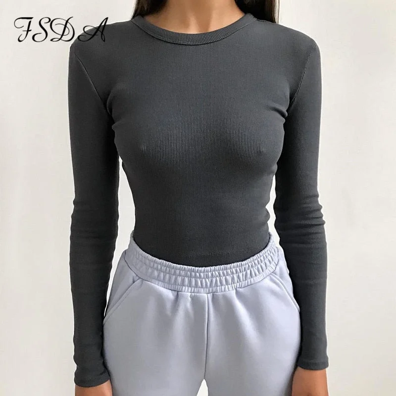 FSDA O Neck Ribber Long Sleeve Crop Top Women Autumn Winter White Casual T Shirt Basic Black Sexy Knitted Top Shirts Clothes