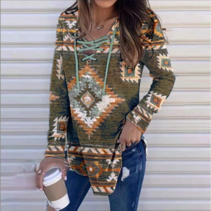 Uveng V-neck Lace Printing Printed Long Sleeve Women's Pullover