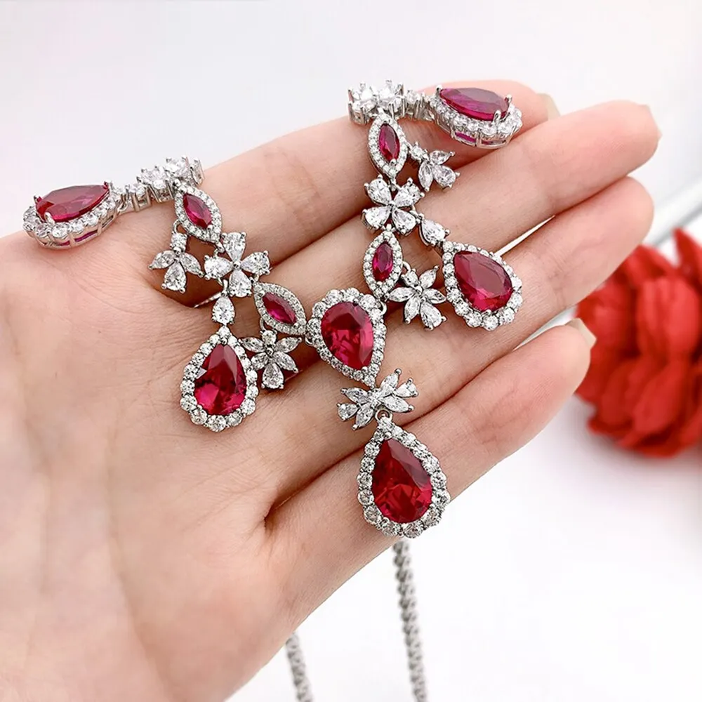 Elegant Vintage 925 Sterling Silver Pear Created Moissanite Ruby Gemstone Anniversary Pendant Necklace Fine Jewelry