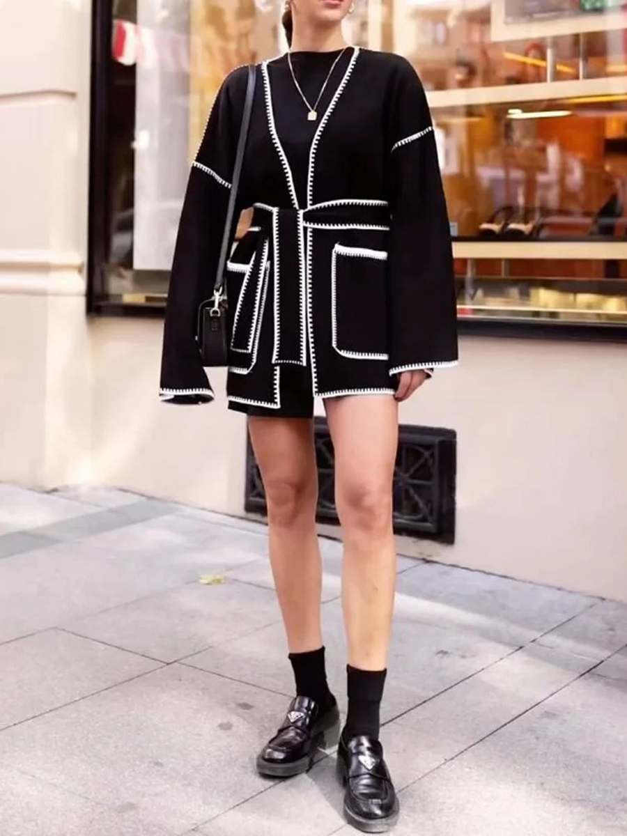 Color Contrast Long Sleeve V Neck  Knit Cardigan