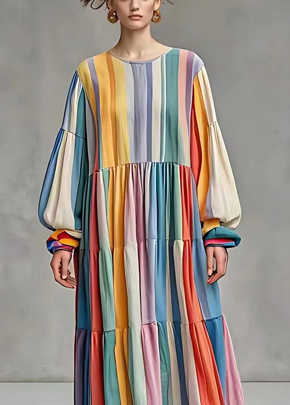 French Rainbow Oversized Striped Cotton Dresses Fall