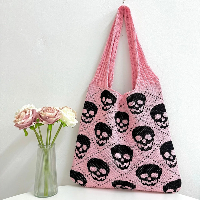 Halloween Women’s Large Polyester Skull Elegant Classic Style Knitting Oval Open Shoulder Bag