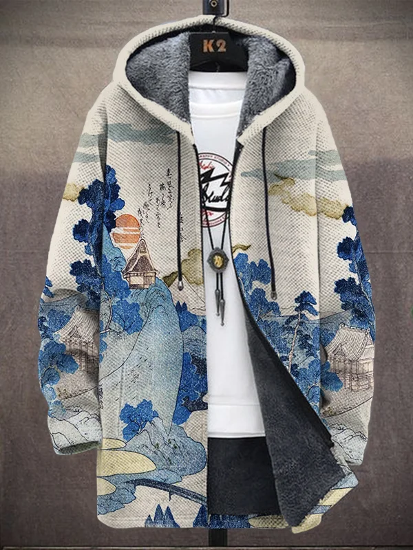 Men's Landscape Japanese Art Print Hooded Trench Coat