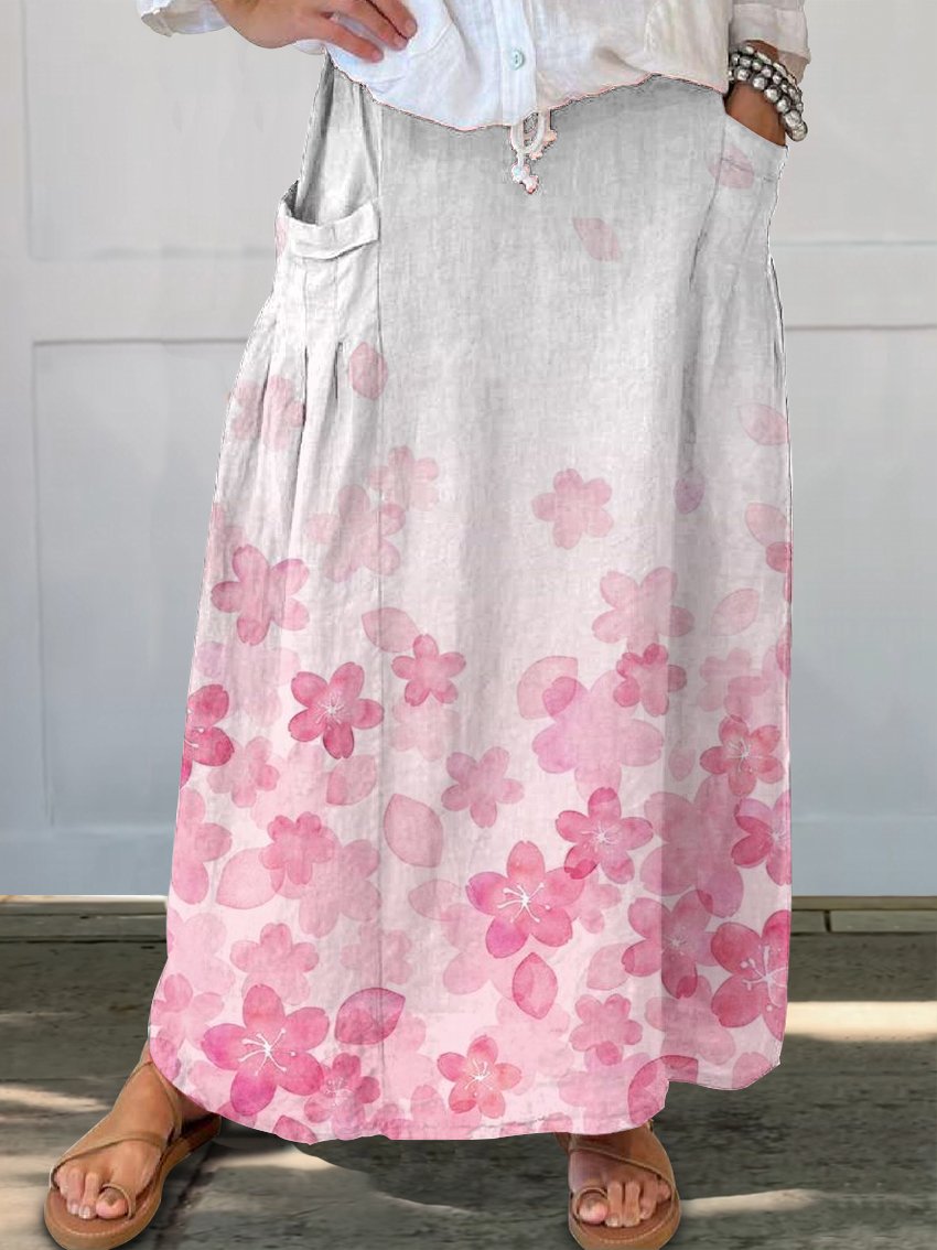 Pink Gradient Flower Print Women's Linen Pocket Skirt