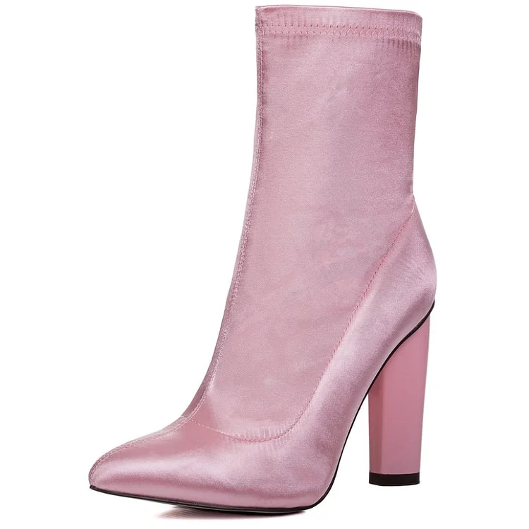 Pink Satin Pointed Toe Chunky Heel Ankle Boots |FSJ Shoes