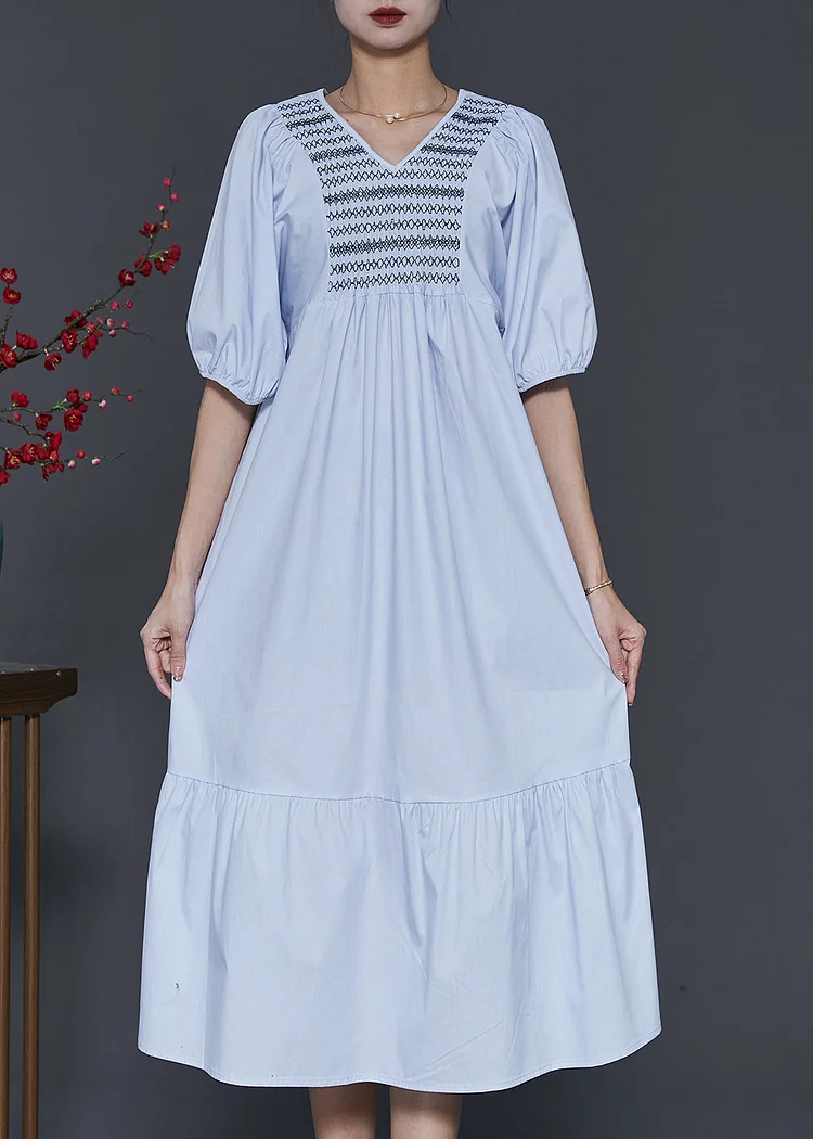 Women Sky Blue Embroidered Patchwork Cotton Dresses Summer