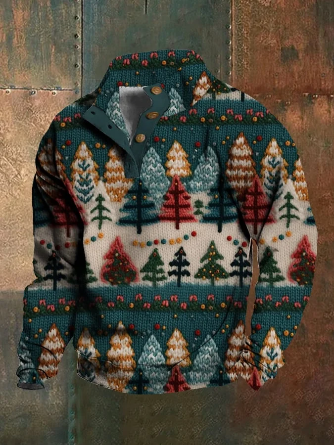 Christmas Print Stand Collar Button Down Men's Sweatshirt
