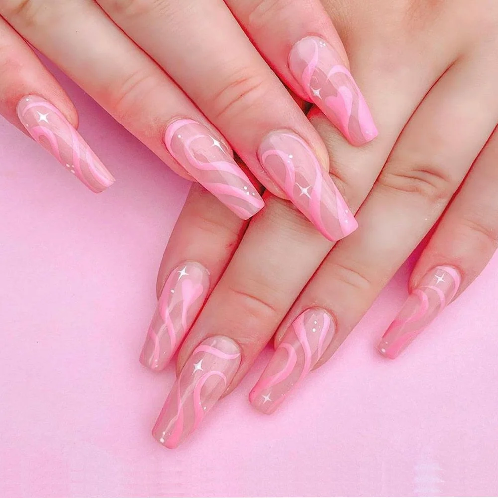 24pcs blue white Wavy lines Detachable Long Ballerina False Nails With Design Wearable Fake Nails Full Cover Nail Tips