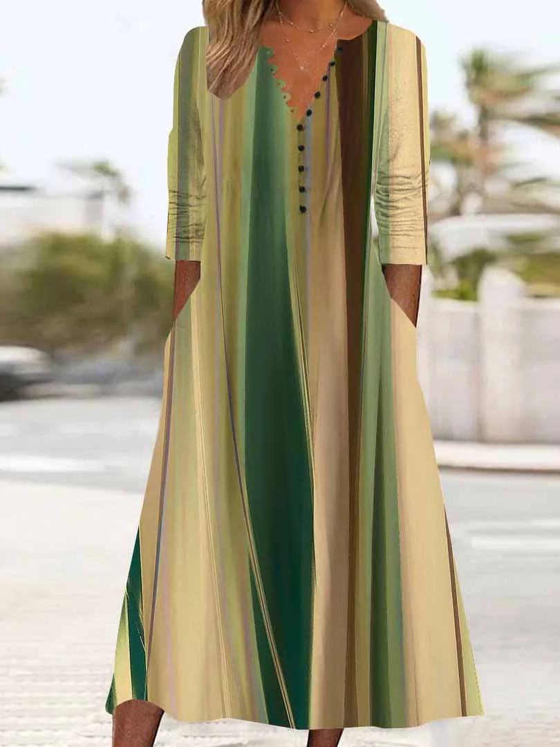 Women Striped,Green DZHB8287 Long Sleeve V-Neck Graphic Printed Midi Dress