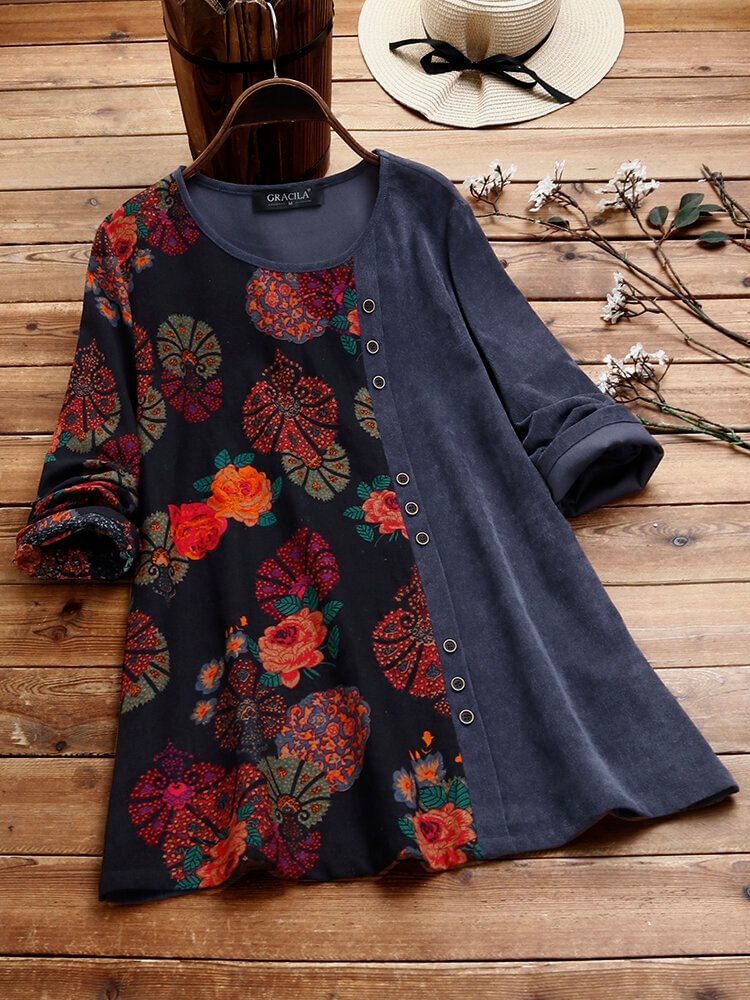 Floral Print Patched O neck Long Sleeve Corduroy Blouse P1710964