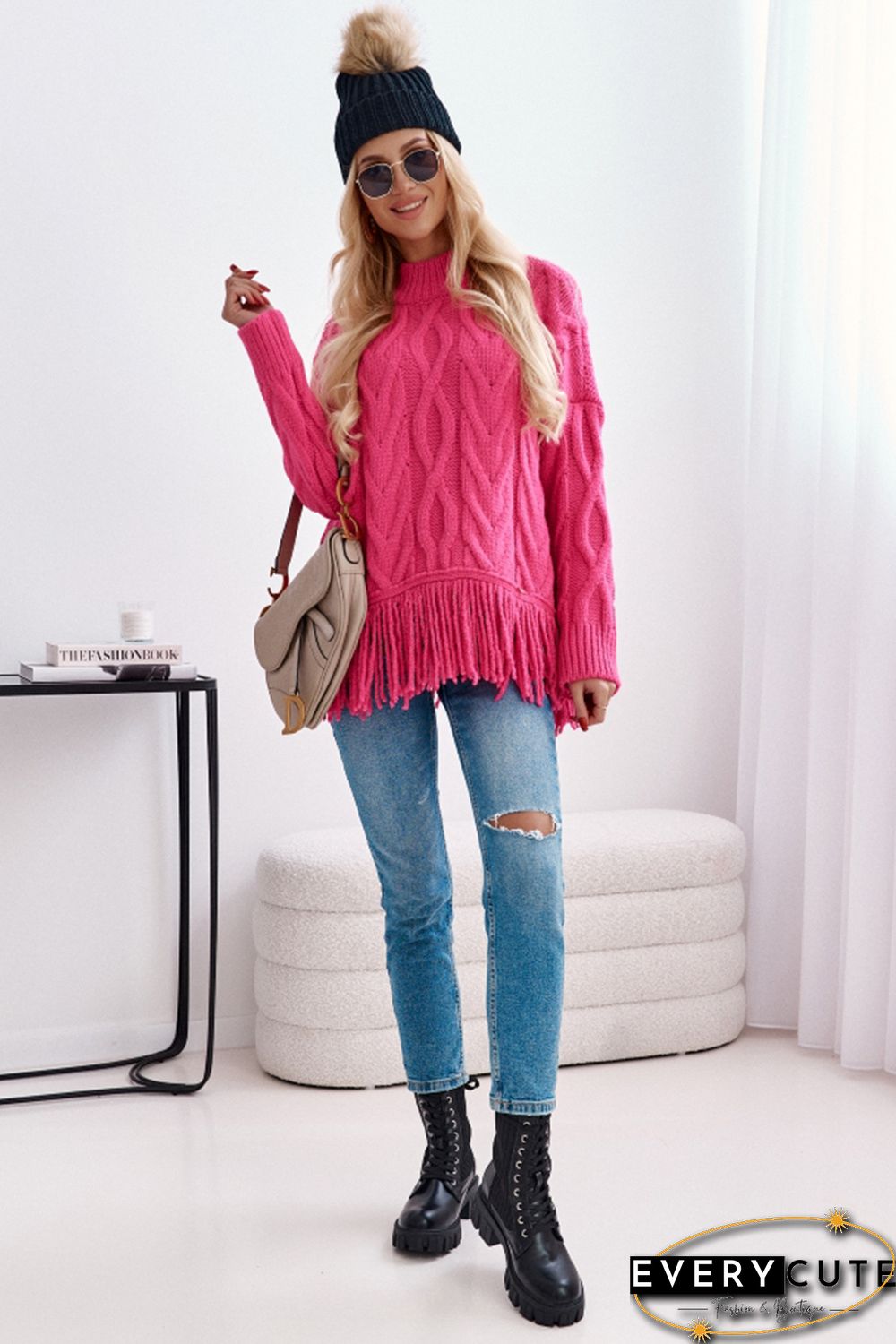Rose High Neck Cable Knit Tasseled Sweater