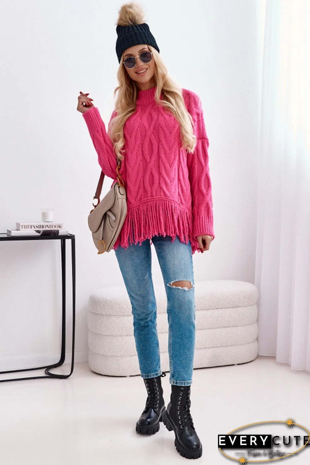 Rose High Neck Cable Knit Tasseled Sweater