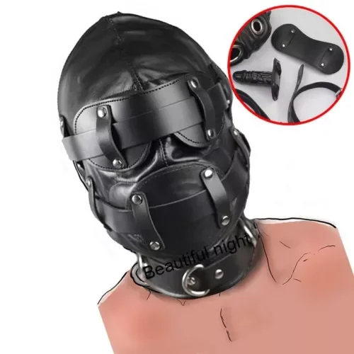 pornhint Pornhint Head Hood Headgear PU Leather Mask Mouth Gags Plugs Muzzle Harness Binding Libido