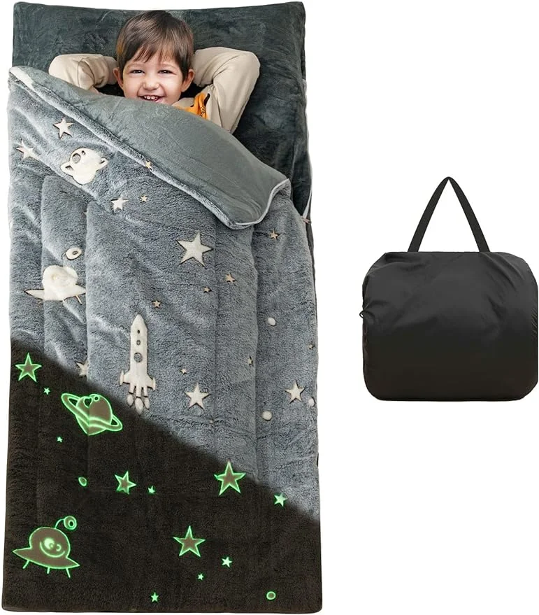 Qucover Kids Sleeping Bags Glow in The Dark, Thicken Soft Warm Furry Flannel Luminous Slumber Bag with Pillow Pocket, Slumber Sack Napmat for Boys Girls Gift Sleepover Daycare Preschool