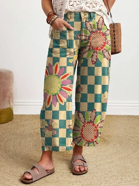 Women's Vintage-style Textured Floral Art Print Casual Cotton Trousers With Pockets.