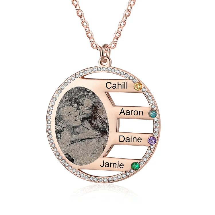 Custom Photo Pendant Necklace with 4 Birthstones Anniversary Birthday Gift for Mother Grandma