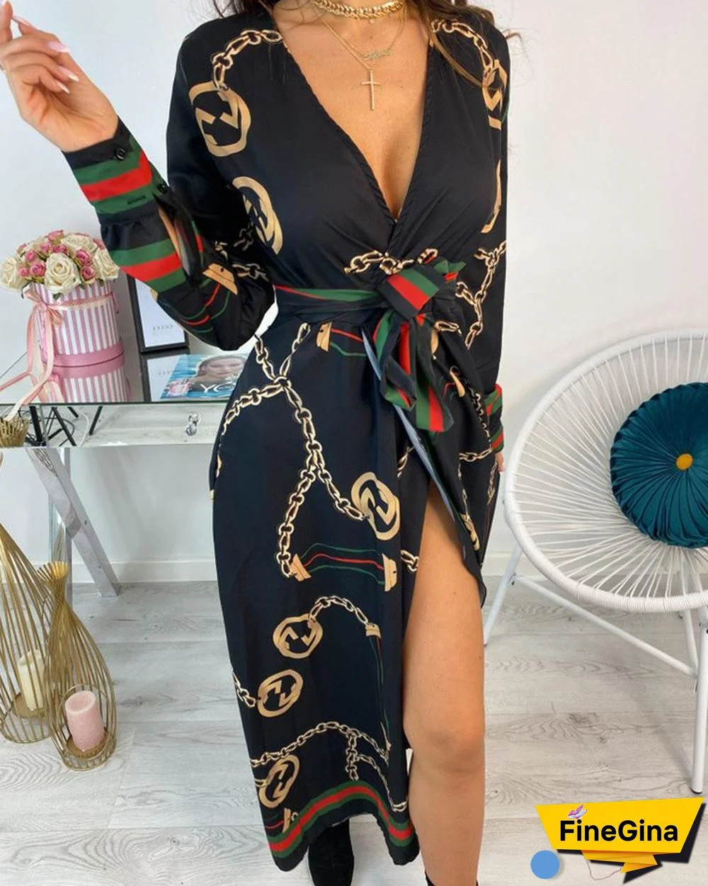 Long Sleeve Chain Baroque Print Dress Black Dresses