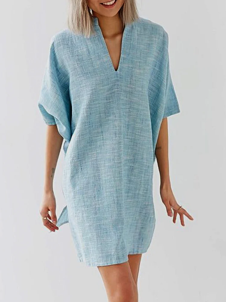 Cotton-Linen V-Neck Loose Hem Side Slit Dress