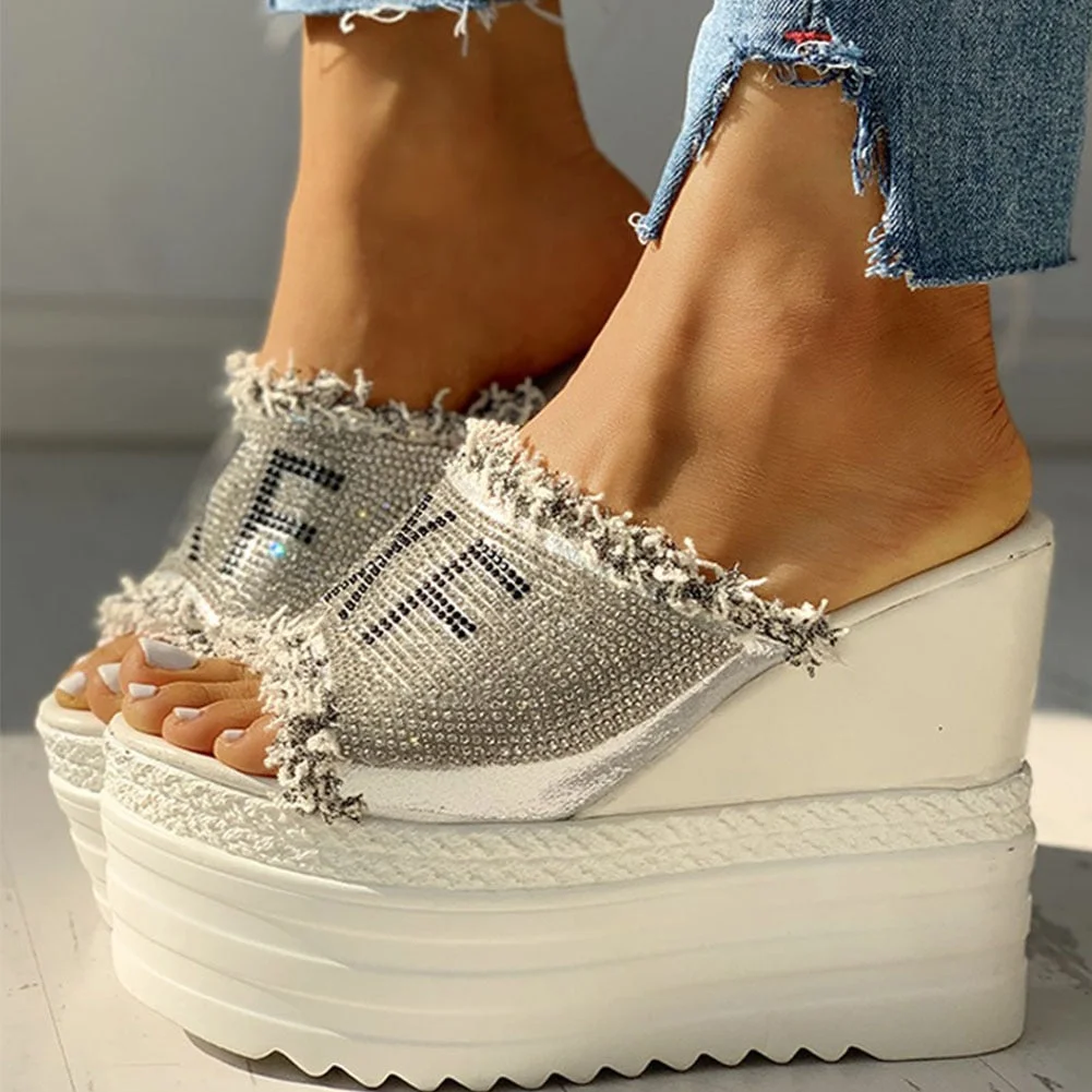 Newest Drop Ship Crystals Wedges High Heels Leisure Summer Sandal Woman Shoes Women Platform Mules Slippers 2022