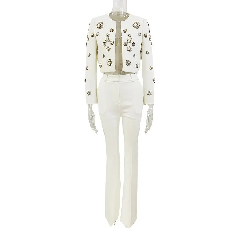Nigikala Nigikala New Fashion Round Neck Heavy Industry Nail Beads Short Jacket Open Fork Trousers Set