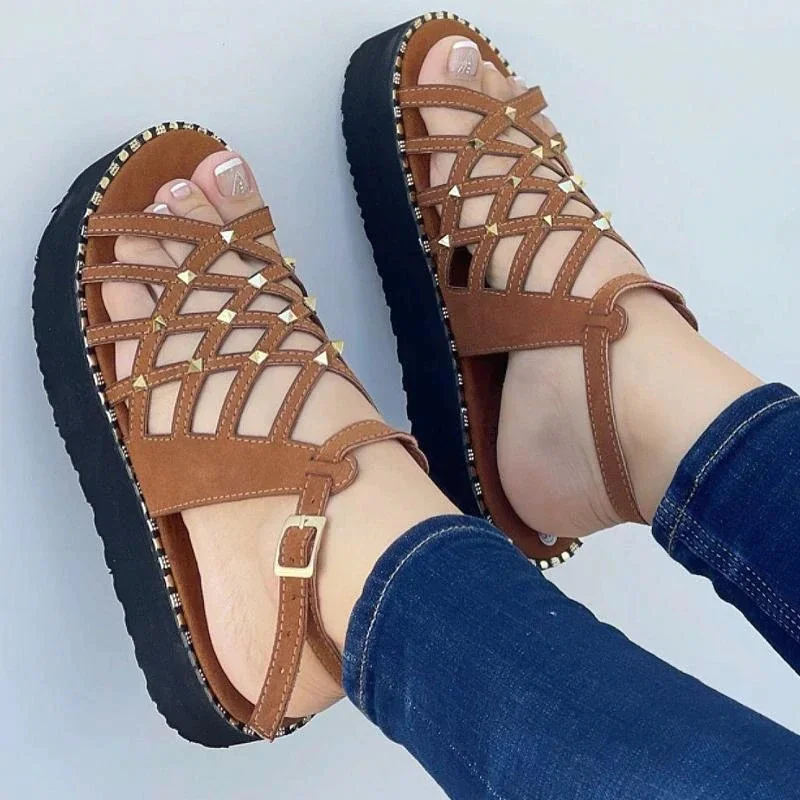 Qengg New Women Casual Sandals Fashion Hollow Cross Rivet Fish Mouth Flats Round Toe Platform Comfortable Beach Sandals Sandalia Nuvem