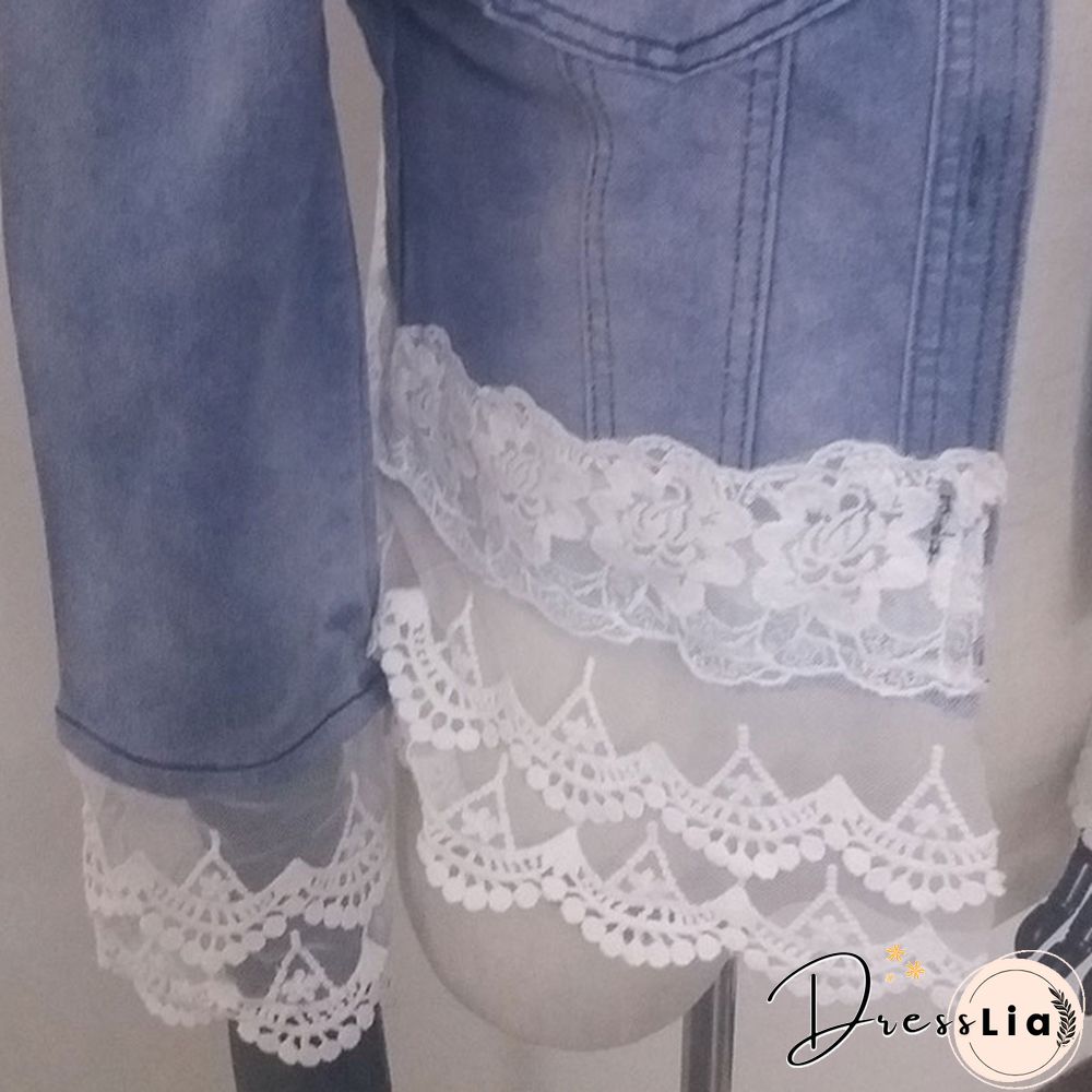 New Women Casual Denim Jacket Pearl Lace Splice Jean Coat Spring Summer Autumn Women Fashion Splice Coat Lace Jacket