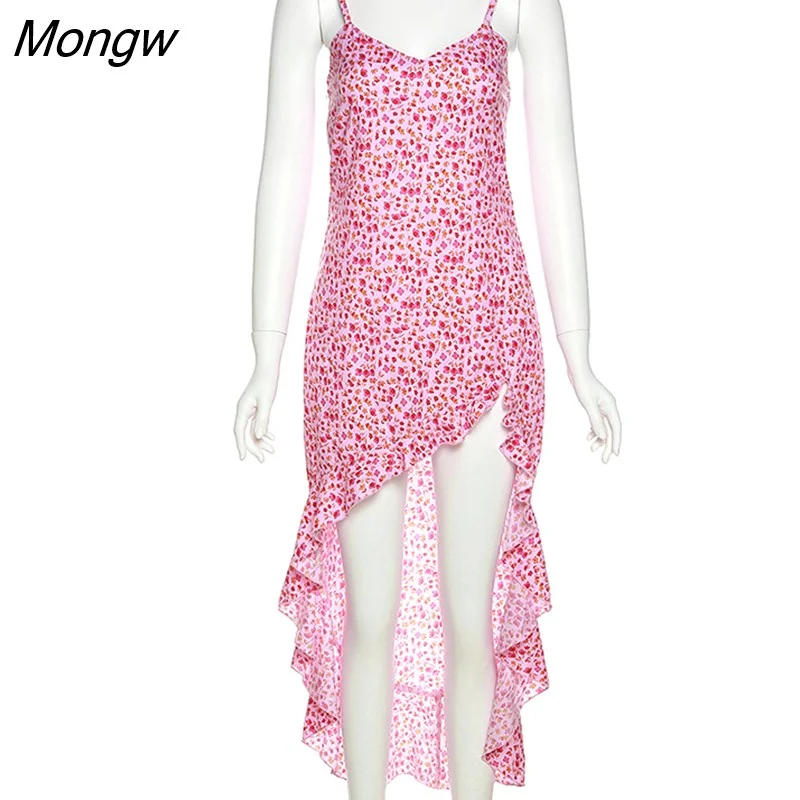 Mongw Asymmetrical Long Dress Women Summer Spaghetti Strap Backless Ruffles Beach Dress Sexy Casual Boho Slip Dress Pink