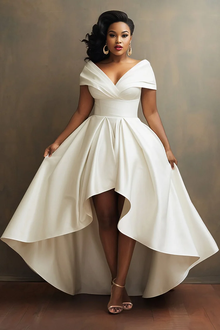 Xpluswear Design Plus Size Formal Black Off The Shoulder High Low Hem Satin Midi Dresses 2024 - Xpluswear