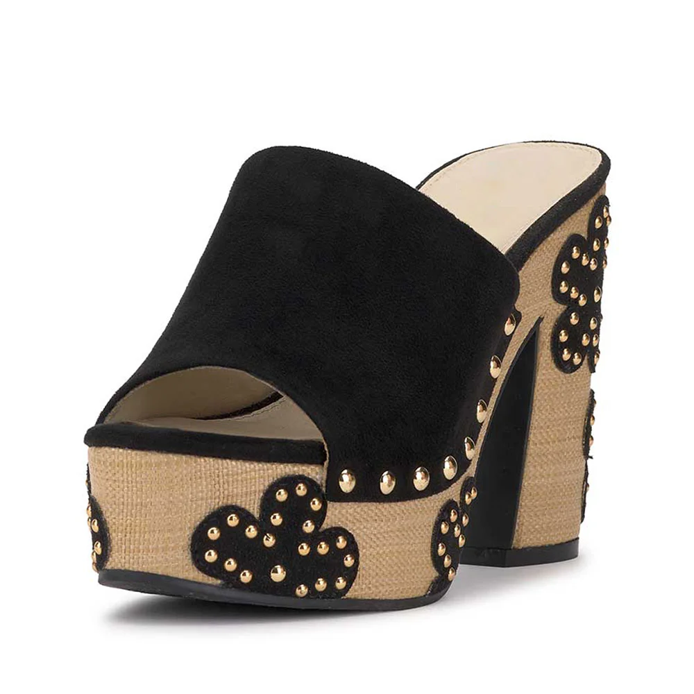 Black Open-Toe Chunky Heel Studded Flower Slides with Platform