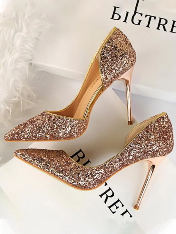Sexy stiletto high-heeled shallow pointy side hollow sequin single shoes