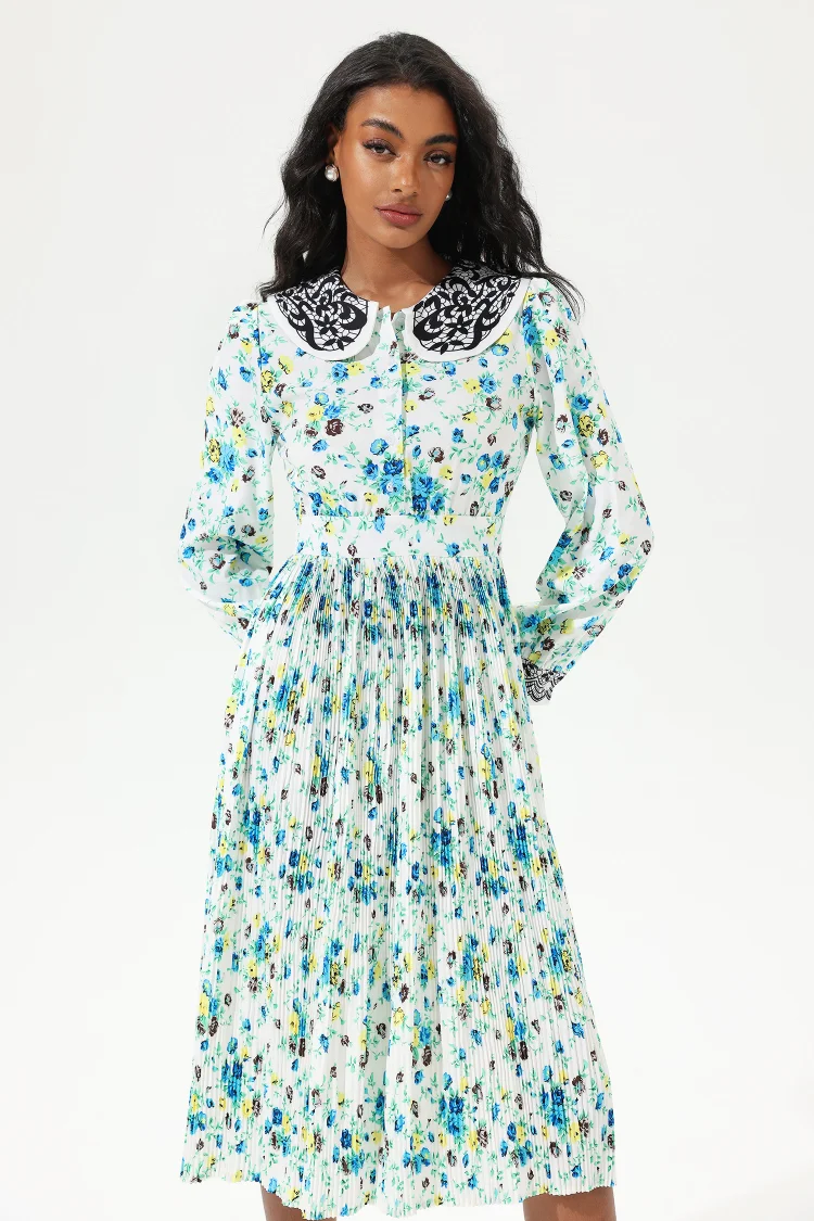Printed Lantern Sleeve Doll Collar Lace Midi Dress