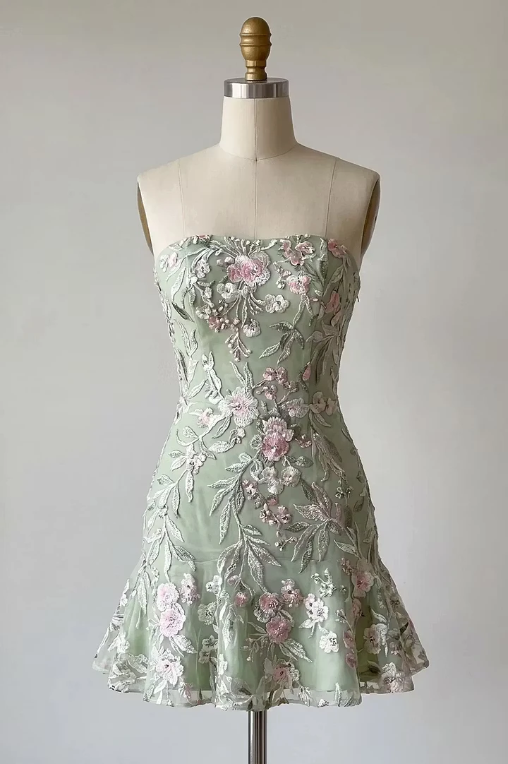 Lussooy Glamorous Sage Strapless Sleeveless Embroidery Sheath Mini Prom Dress 