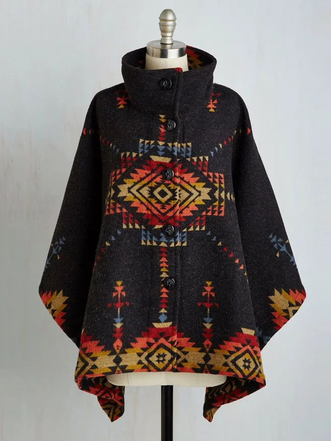 Black Floral-Print Turtleneck Vintage Outerwear