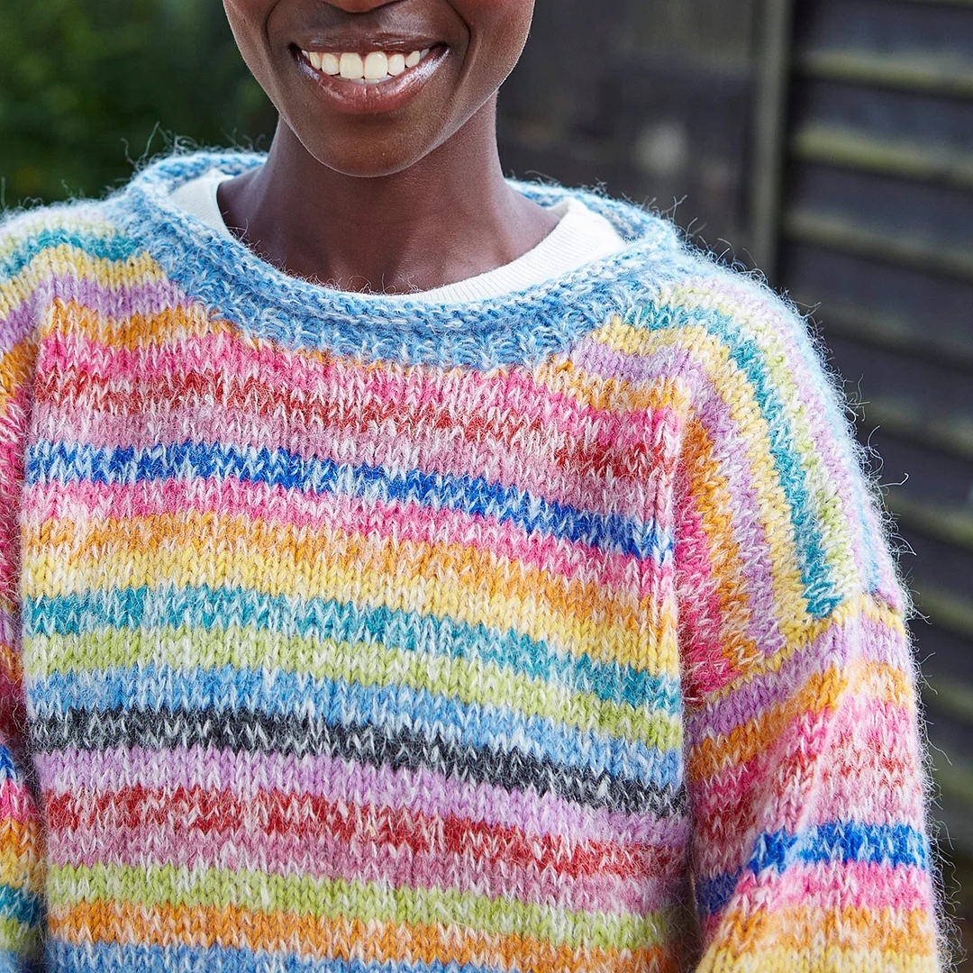 Vintage Mohair Rainbow Stripe Knit Jacquard Crew Neck Sweater