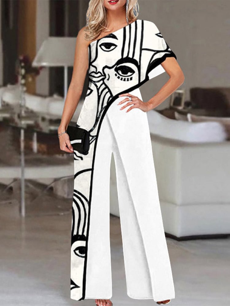 Abstract Pattern Asymmetrical One Shoulder Wide Leg Jumpsuit SKUH90200 QueenFunky