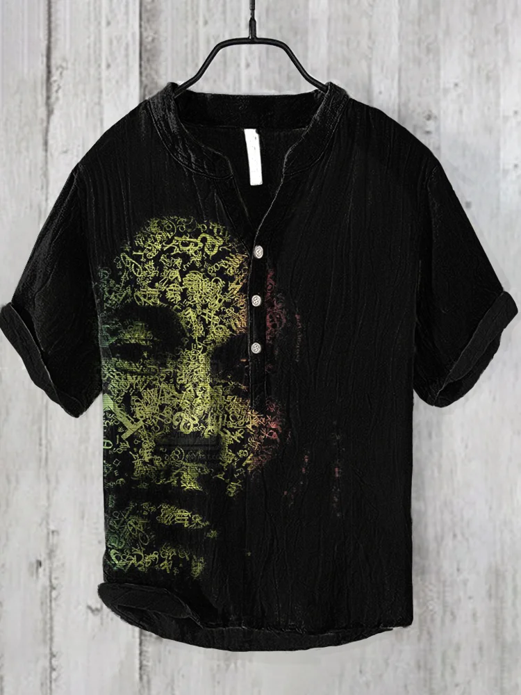 Reggae One Love Print V Neck Casual Linen Blend Shirt